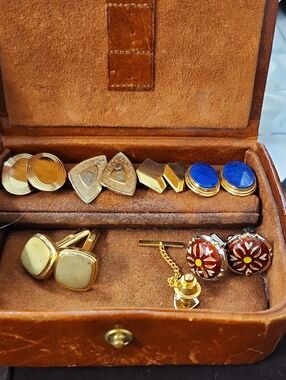 Men's Gold-Tone Cufflinks Set with Blue and Brown Accents